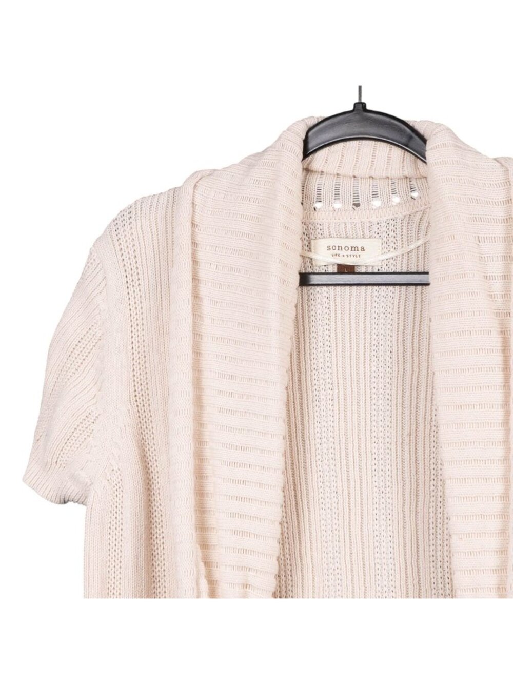 Cardigan Sweater L Women Cream Cottagecore Short Sleeve Knit Ivory White Cotton - Picture 2 of 6